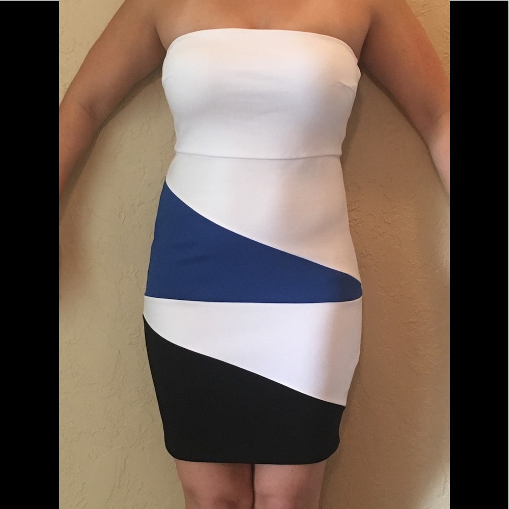 Venus strapless dress white blue and black